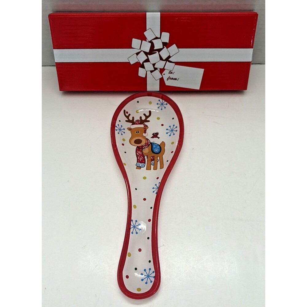 Temptations Christmas Holiday Reindeer Glass Spoon Rest NIB